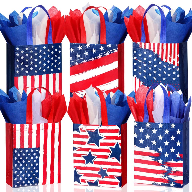 Clysee Reusable Patriotic Non Woven Veterans Day Gift Bags with Tissue Paper 6 Different Patterns Waterproof Red White Blue Tote Bags with Handle for Veterans Day Decor Holiday Party Favors24 Pack